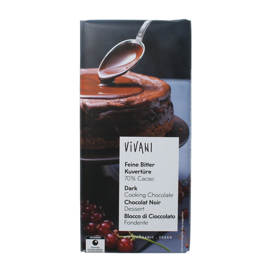 Vivani organic dark chocolate couverture 150g, smooth melted chocolate bar with rich, pure flavor in a sleek packaging.