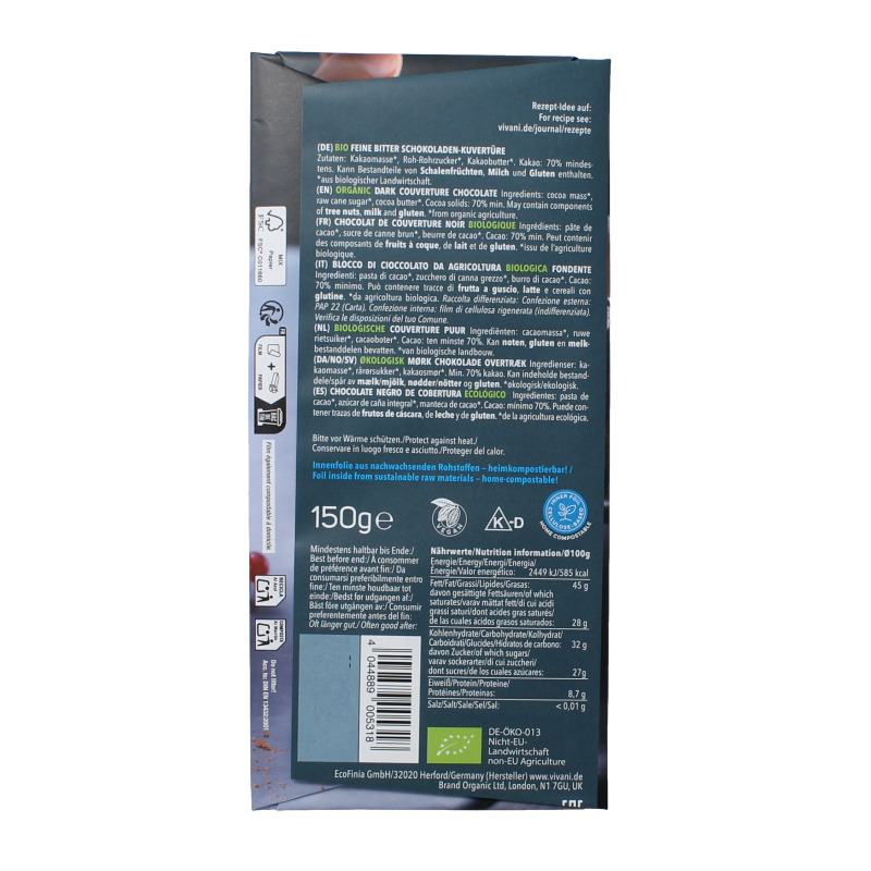 Vivani pure organic smeltchocolade couverture in 150g bar, with smooth, dark chocolate texture and natural appearance.