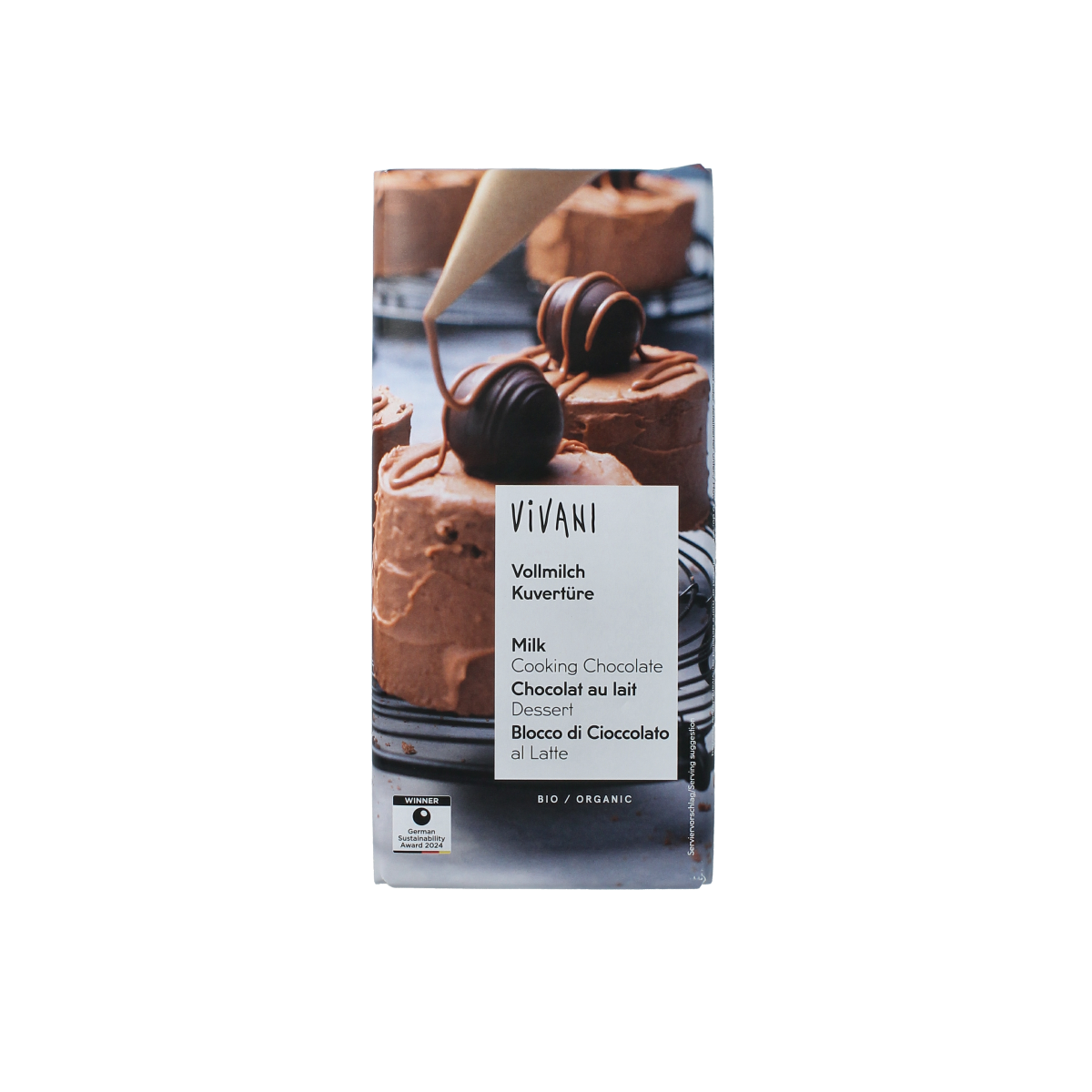 Vivani milk organic chocolate couverture 150g bar with smooth melted chocolate surface and packaging details visible.