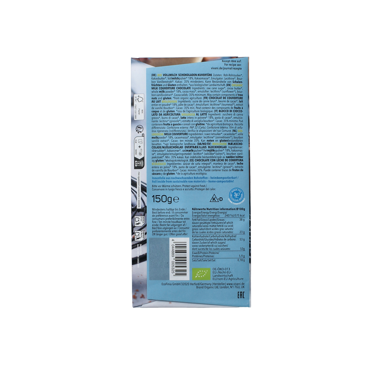 Vivani bio milk chocolate couverture bar, 150g, with smooth melted milk chocolate pieces on the packaging.