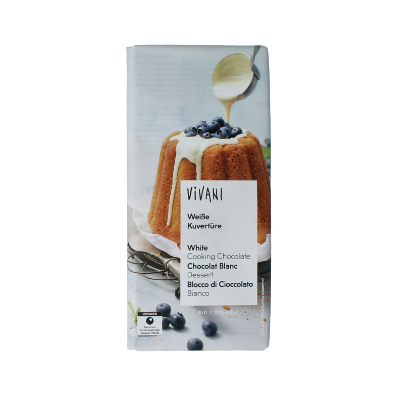 Vivani white organic smeltchocolate couverture bar with 150 grams, shown in the image.