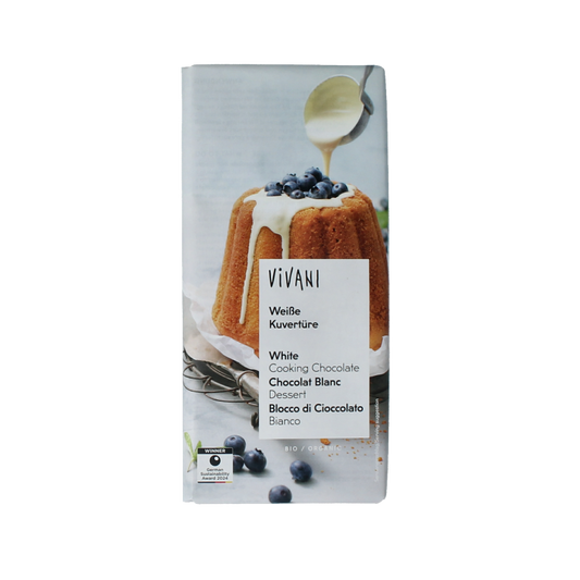 Vivani white organic smeltchocolate couverture bar with 150 grams, shown in the image.