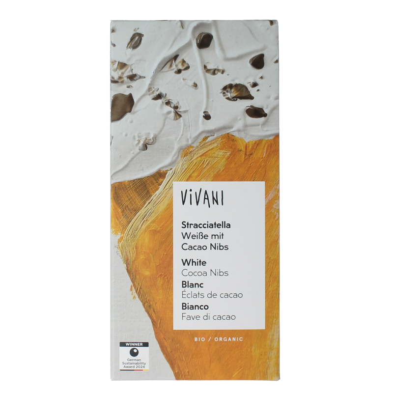 Vivani white chocolate with stracciatella pieces in an 80g bar, showcasing creamy texture and chocolate with crunchy bits.