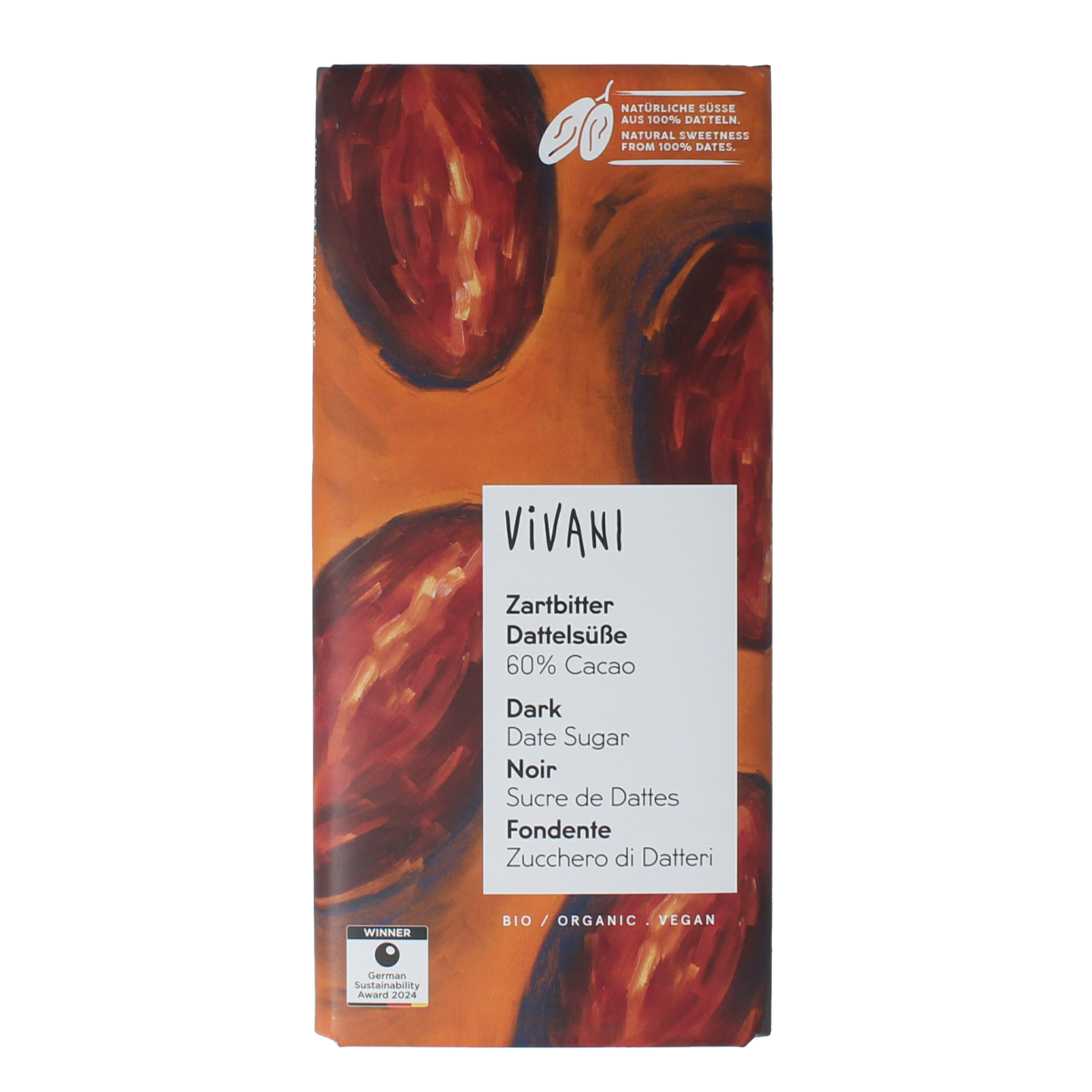 Vivani dark chocolate bar with 60% cacao and date sweetening, 80g, featuring rich, smooth chocolate pieces.