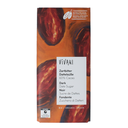 Vivani dark chocolate bar with 60% cacao and date sweetening, 80g, featuring rich, smooth chocolate pieces.