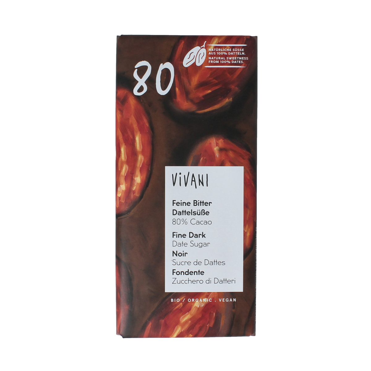 Vivani organic dark chocolate with 80% cocoa and date sweetness, 80g bar, showing rich, dark chocolate pieces.