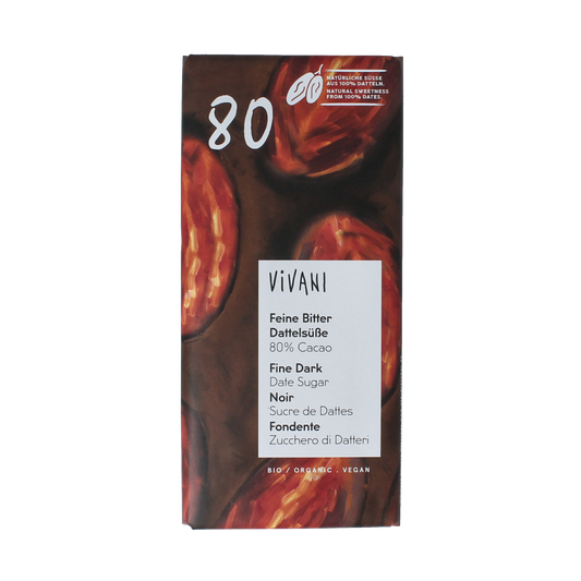 Vivani organic dark chocolate with 80% cocoa and date sweetness, 80g bar, showing rich, dark chocolate pieces.