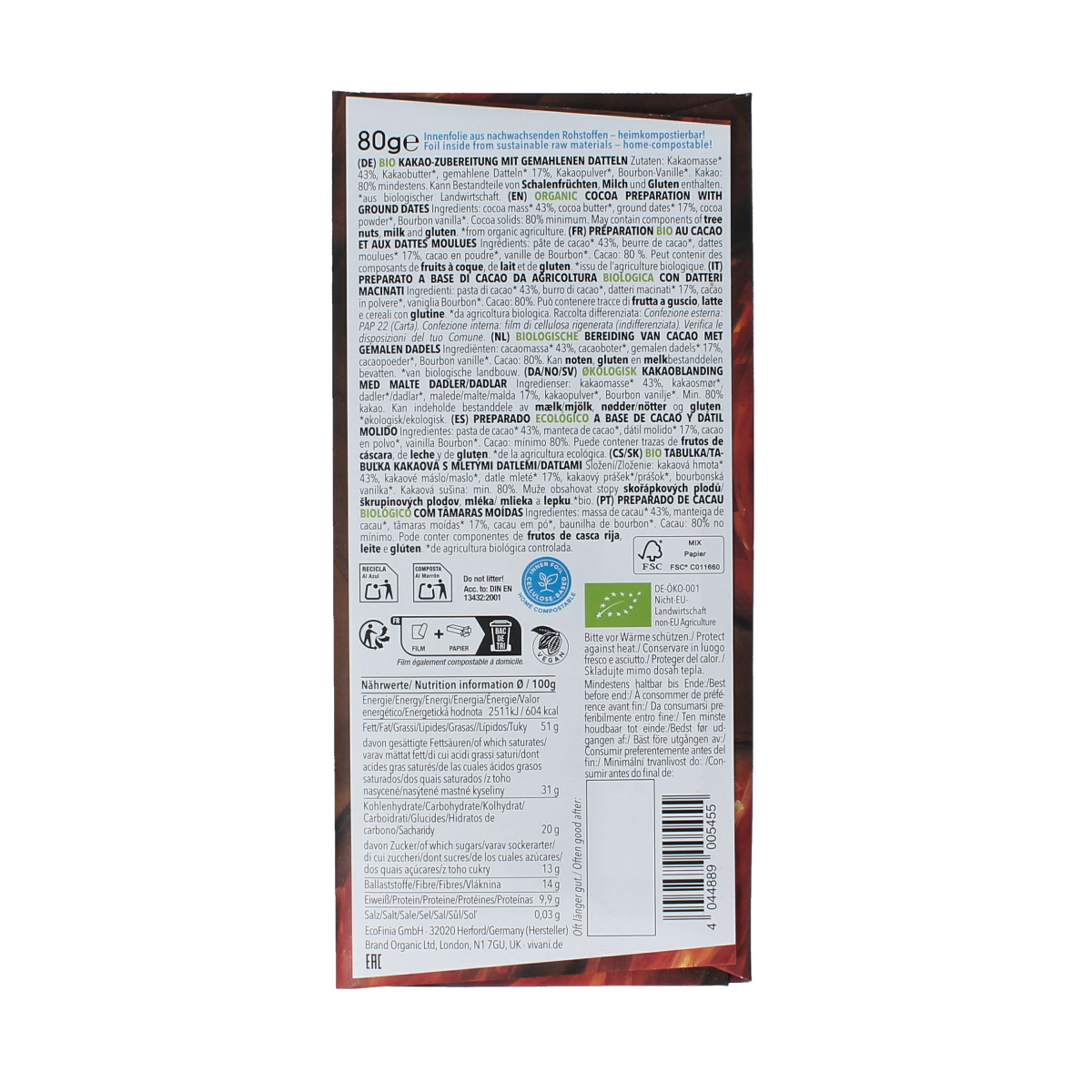 Vivani dark chocolate with 80% cocoa and date sweetness, 80g, showing the chocolate bar with rich texture.