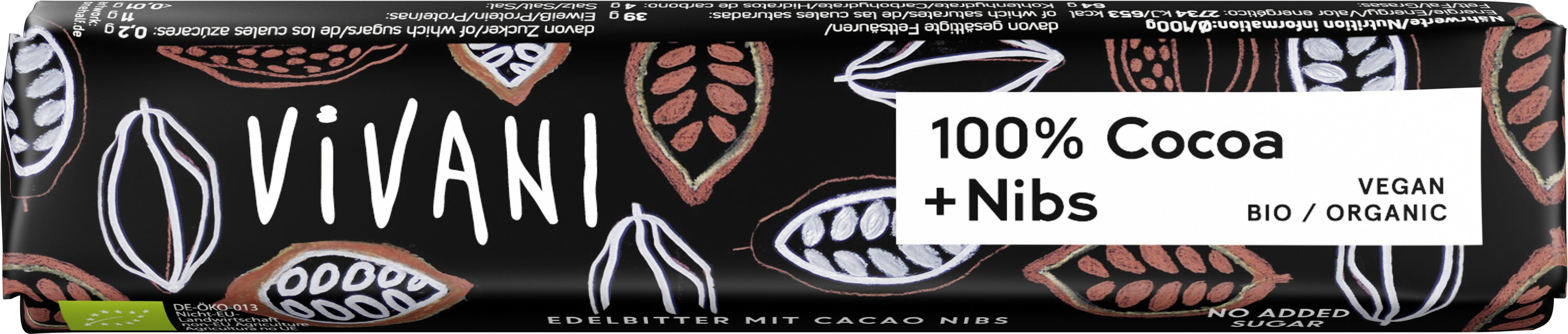 Vivani Chocolate to go puur 100% with nibs, bio snack bar showing dark chocolate, nibs, and packaging in the image.