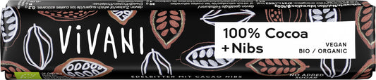 Vivani Chocolate to go puur 100% with nibs, bio snack bar showing dark chocolate, nibs, and packaging in the image.