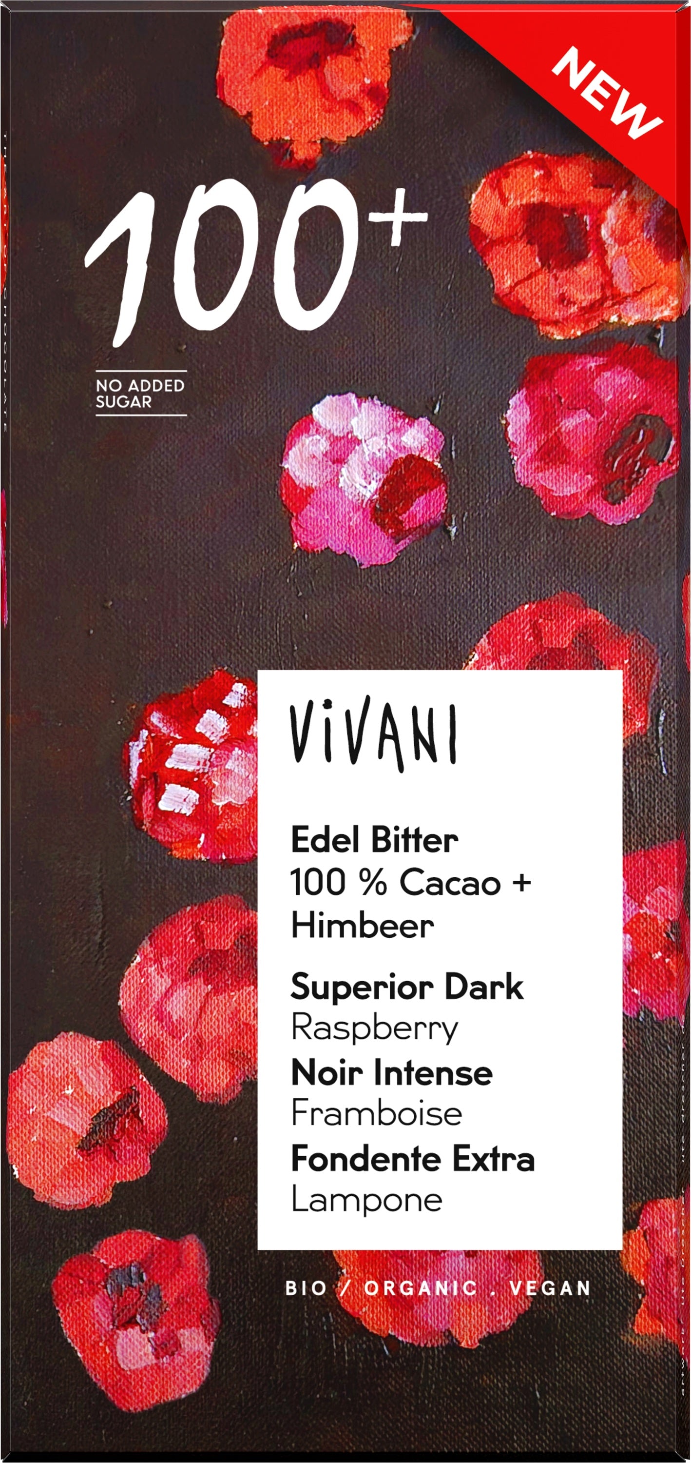 Vivani 100% dark chocolate with organic raspberry snack, 80g, showcasing the chocolate bar with raspberry pieces.