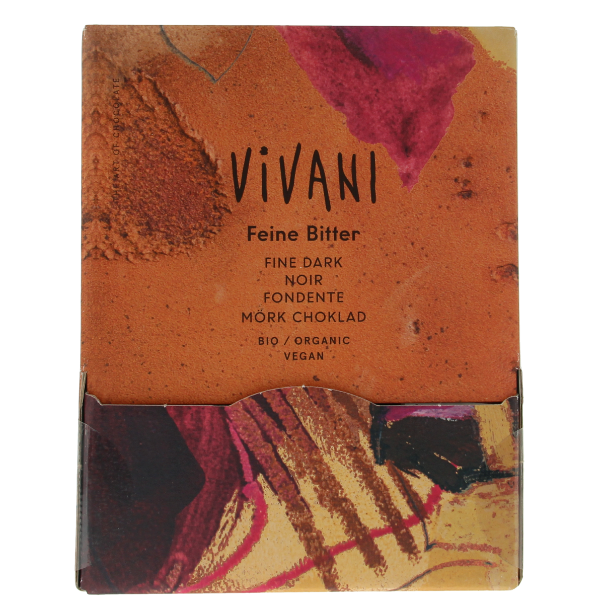 Vivani Puur chocolate nap in 5g bio portions, showing a close-up of the chocolate pieces with packaging details.
