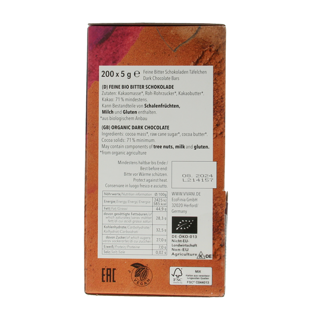 Vivani bio chocolate nap pure 5g, small individually wrapped chocolate pieces in a box, premium organic chocolate from Vivani.