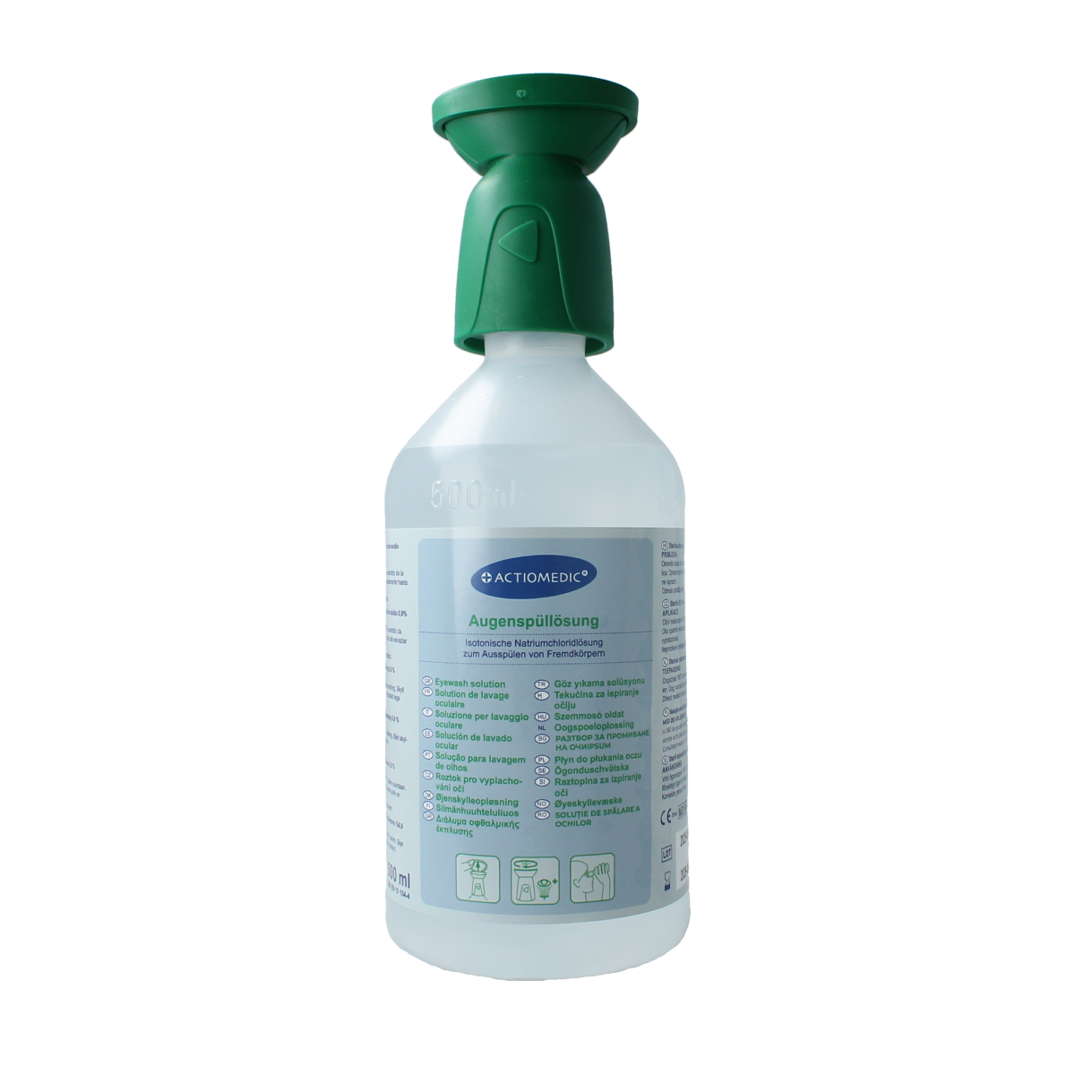 Actiomedic oogspoelfles van 500ml voor oogverzorging, helder plastic fles met doseeropening, geschikt voor oogspoeling.