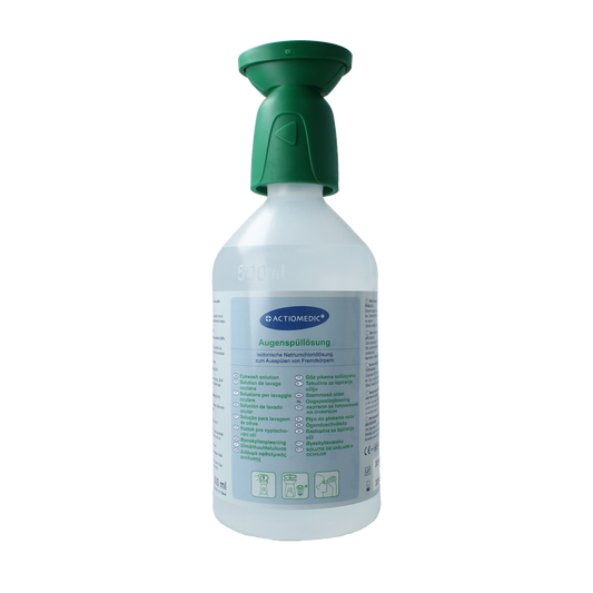Actiomedic oogspoelfles van 500ml voor oogverzorging, helder plastic fles met doseeropening, geschikt voor oogspoeling.