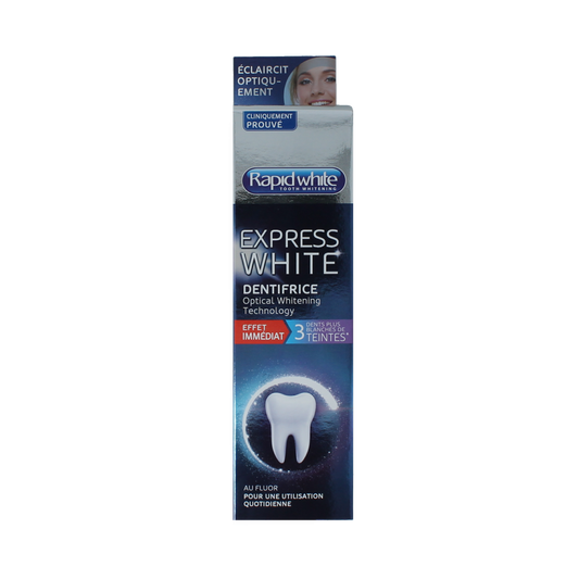 Rapid White Express white toothpaste in 75ml tube showing the packaging with branding and product details.