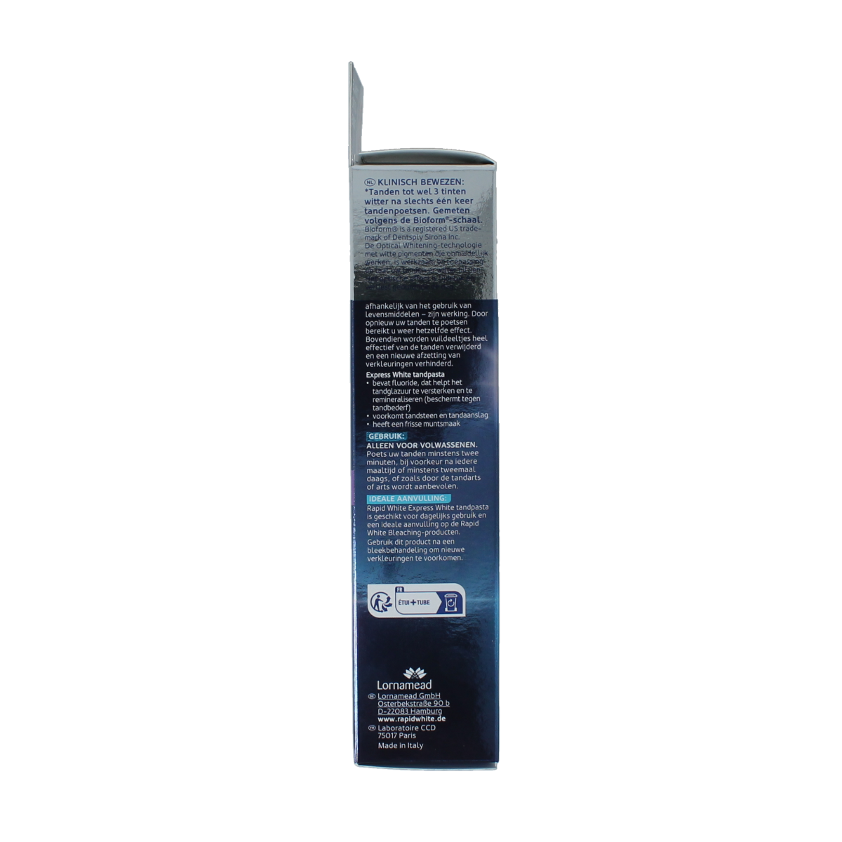 Rapid White Express whitening toothpaste tube, 75ml, with a sleek white packaging and brand logo visible.