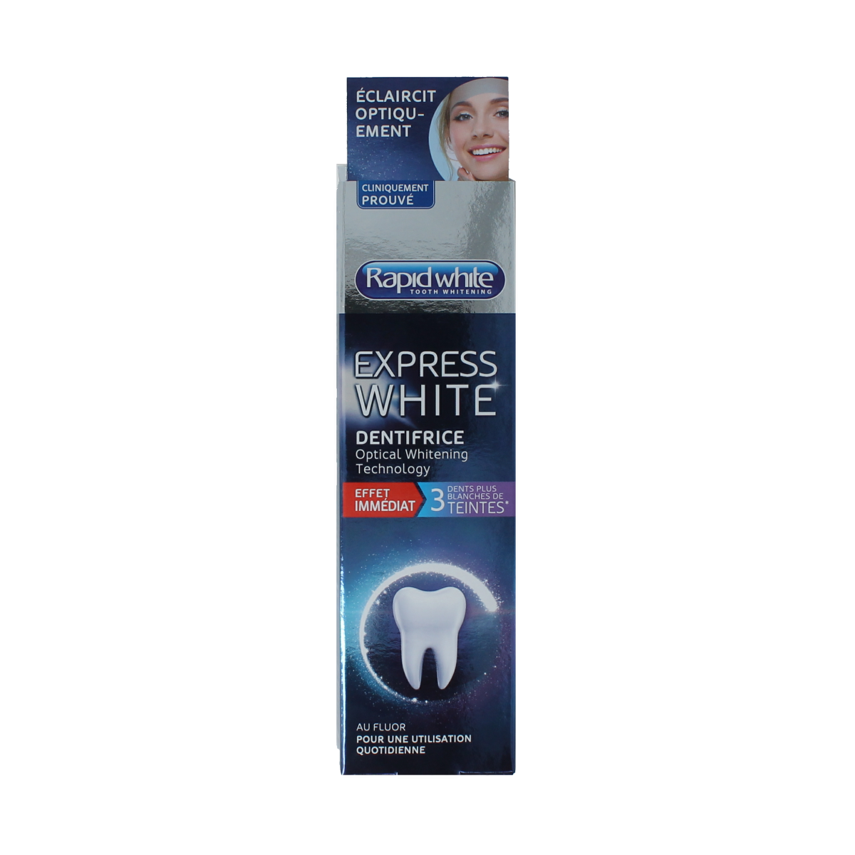 Rapid White Express whitening toothpaste 75ml tube with sleek packaging, designed for quick teeth whitening and fresh breath.