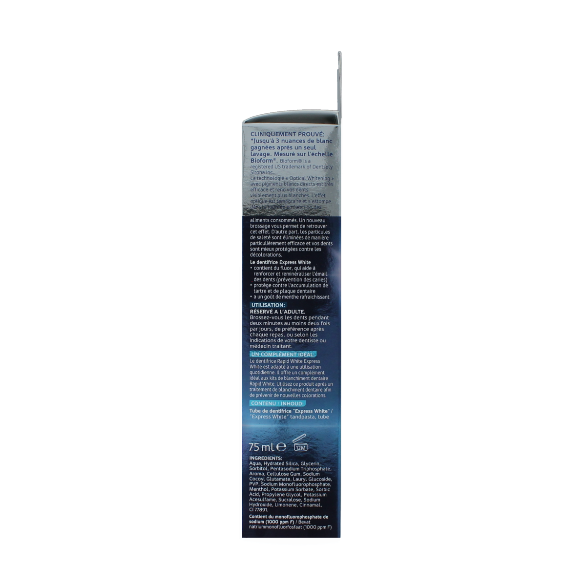 Rapid White Express whitening toothpaste in 75ml tube, featuring sleek packaging and a fresh mint flavor.