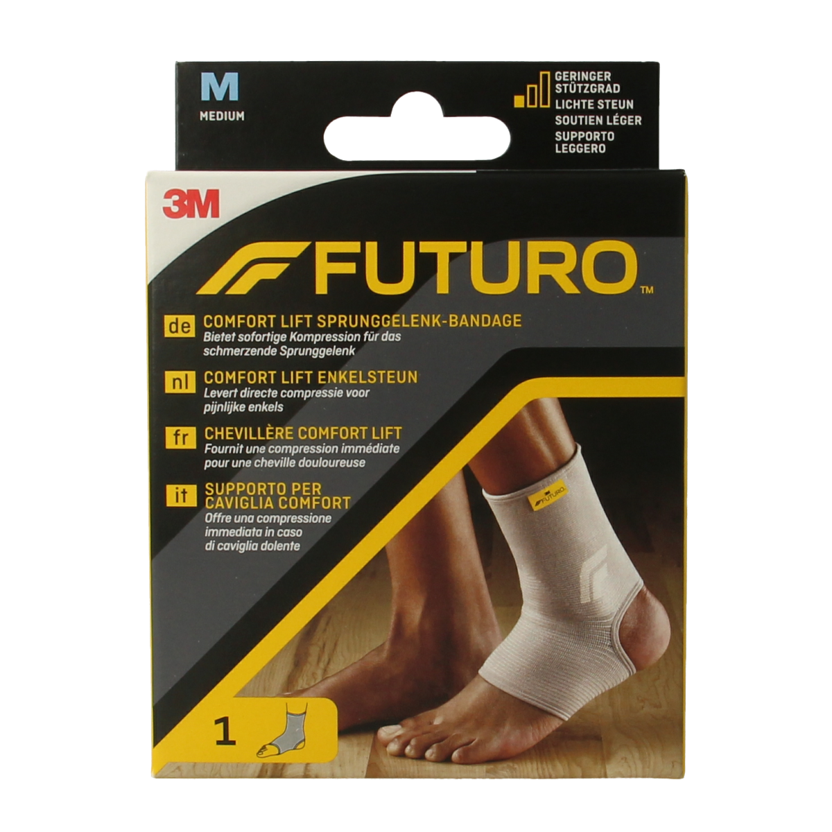 Futuro Comfort lift ankle support bandage in size M, designed to provide ankle stabilization and comfort.
