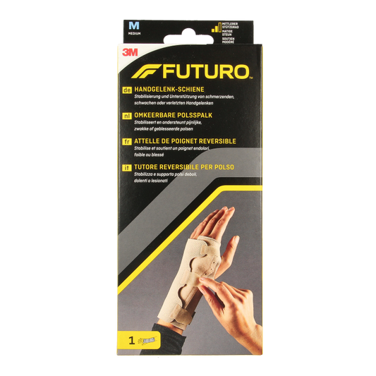 Futuro Omkeerbare medium spalken, type spalken, showing adjustable straps and supportive design for wrist or elbow support.