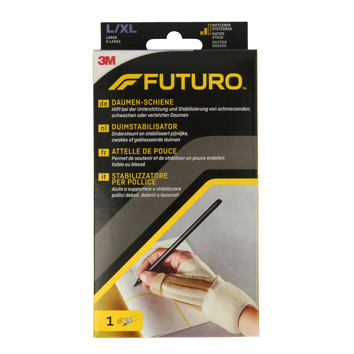 Futuro Deluxe thumb splint in size L/XL, showing adjustable support and breathable fabric for thumb stabilization.