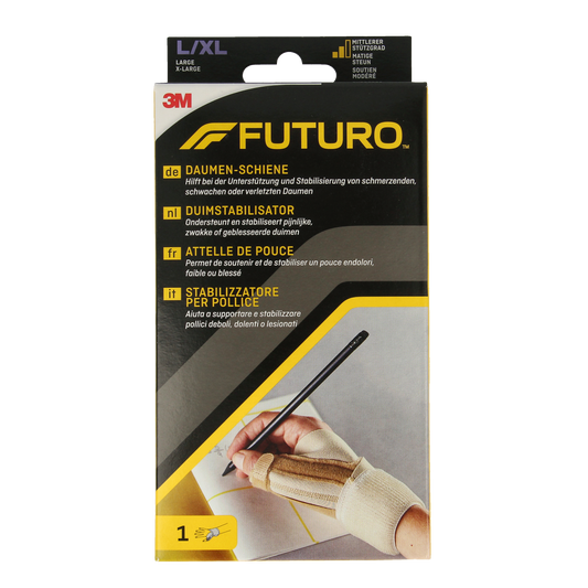 Futuro Deluxe thumb splint in size L/XL, showing adjustable support and breathable fabric for thumb stabilization.