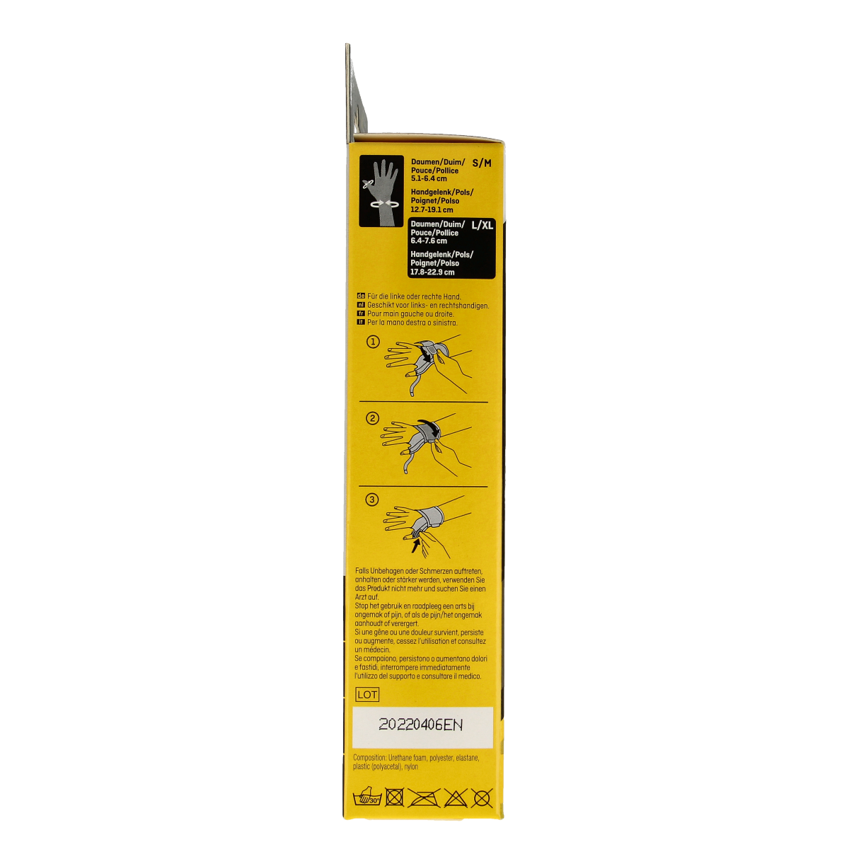 Futuro Deluxe thumb splint in size L/XL, showing a clear plastic supportive brace for thumb stabilization and comfort.