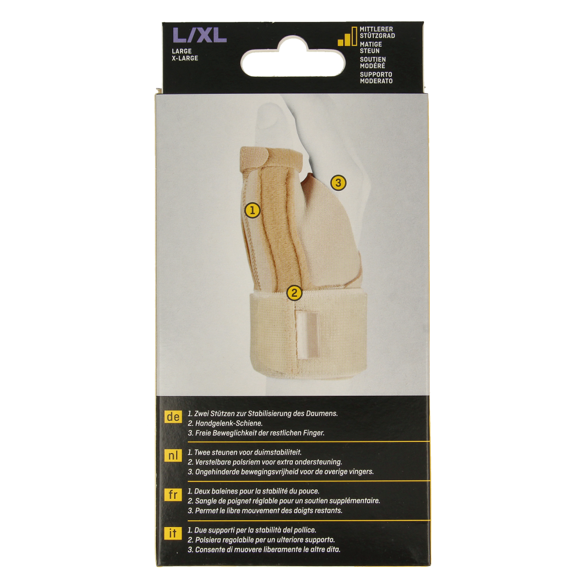 Futuro Deluxe thumb spalk in size L/XL, showing a clear view of the beige adjustable thumb support for finger stabilization.