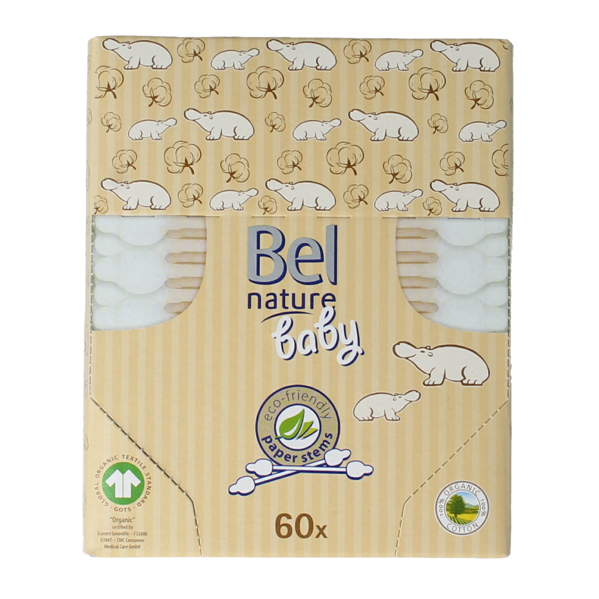 Bel Nature baby cotton swabs for infants and toddlers, 60 pack, gentle and safe ear cleaning tool for baby and toddler care.