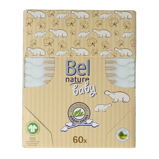 Bel Nature baby cotton swabs for infants and toddlers, 60 pack, gentle and safe ear cleaning tool for baby and toddler care.