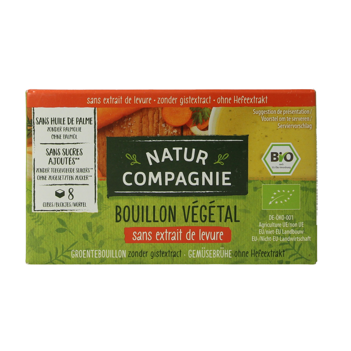 Natur Compagnie organic vegetable bouillon without yeast, 8-pack, in a clear image showing the packaging and branding.