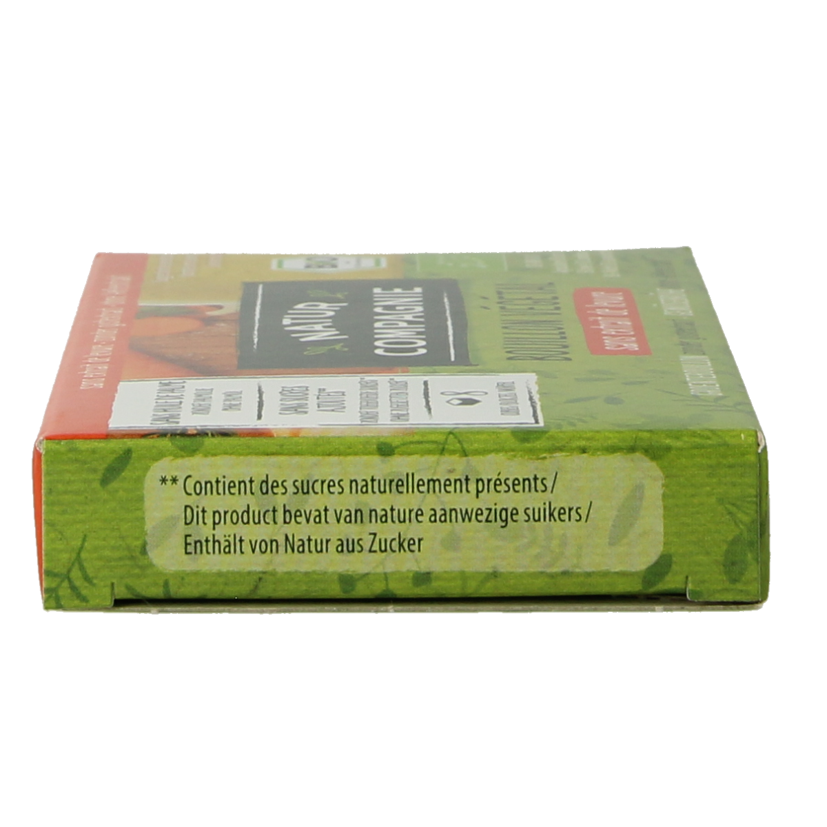 Natur Compagnie organic vegetable broth cubes without yeast, 8-pack, in a clear container with the product label visible.