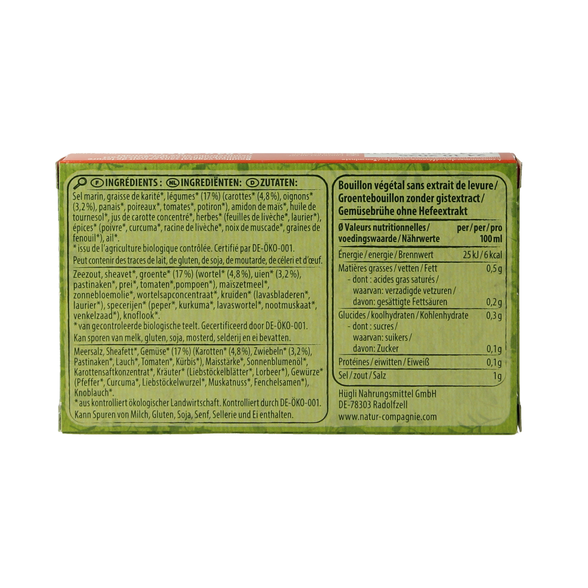 Natur Compagnie organic vegetable bouillon without yeast, 8-pack, in a clear container, suitable for soups and cooking.
