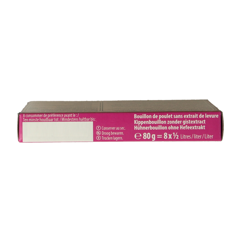 Natur Compagnie organic chicken broth cubes without yeast, 8-pack, in a clear view showing the packaging and cubes inside.