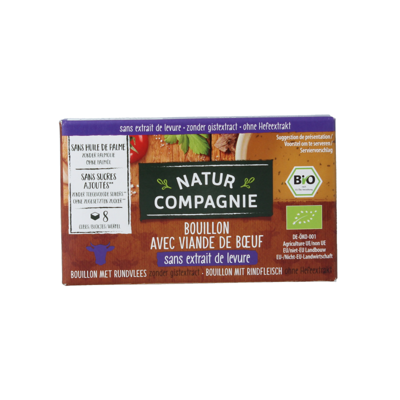 Natur Compagnie bio round bouillon cubes, gluten- and sugar-free, in a pack of 8, used for soups and cooking.