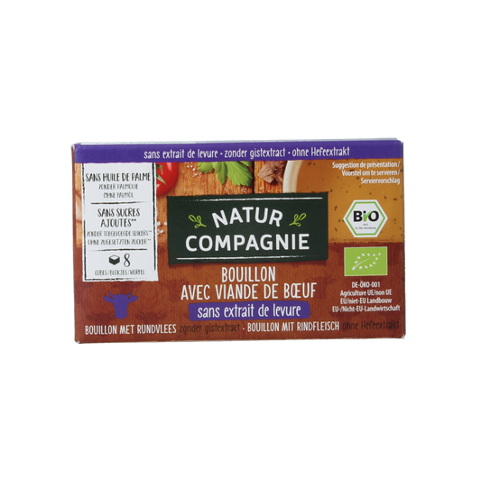 Natur Compagnie bio round bouillon cubes, gluten- and sugar-free, in a pack of 8, used for soups and cooking.
