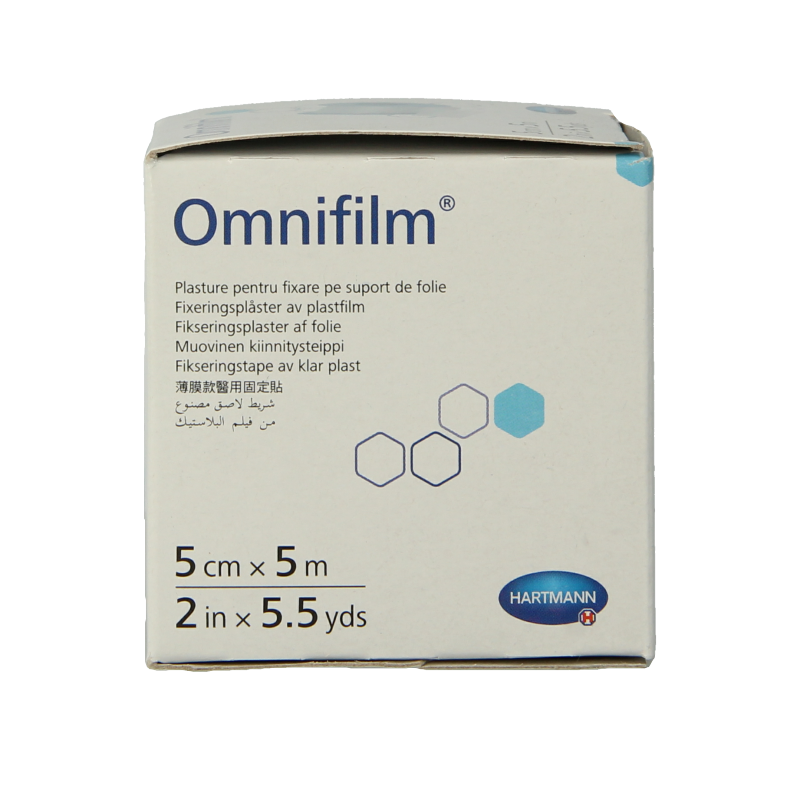 Hartmann Omnifilm fixatiepleister foil 5m x 5cm, sterile adhesive tape for wound fixation, shown on a medical surface.