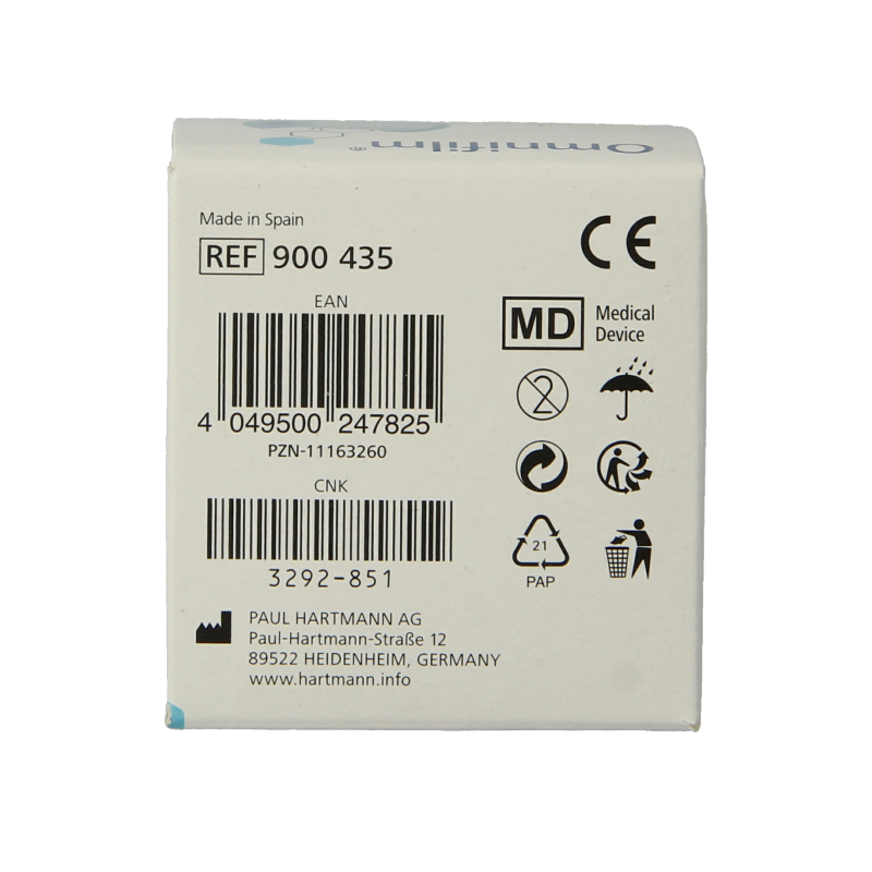 Hartmann Omnifilm fixatiepleister foil, 5m x 5cm, sterile adhesive tape for secure wound dressing application.