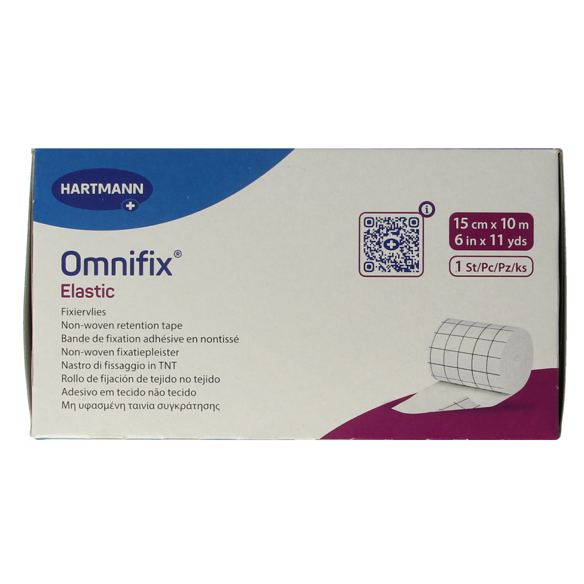 Hartmann Omnifix elastic fixation bandage 10m x 15cm, wound dressing tape, shown in image.