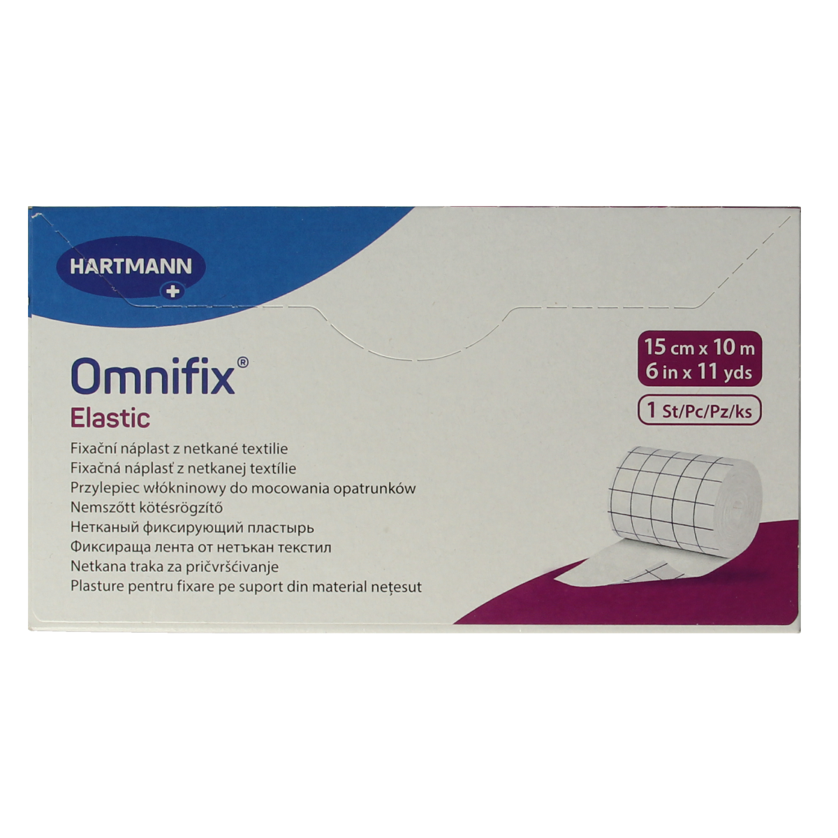 Hartmann Omnifix fixatiepleister 10m x 15cm elastic bandage shown on a medical table.