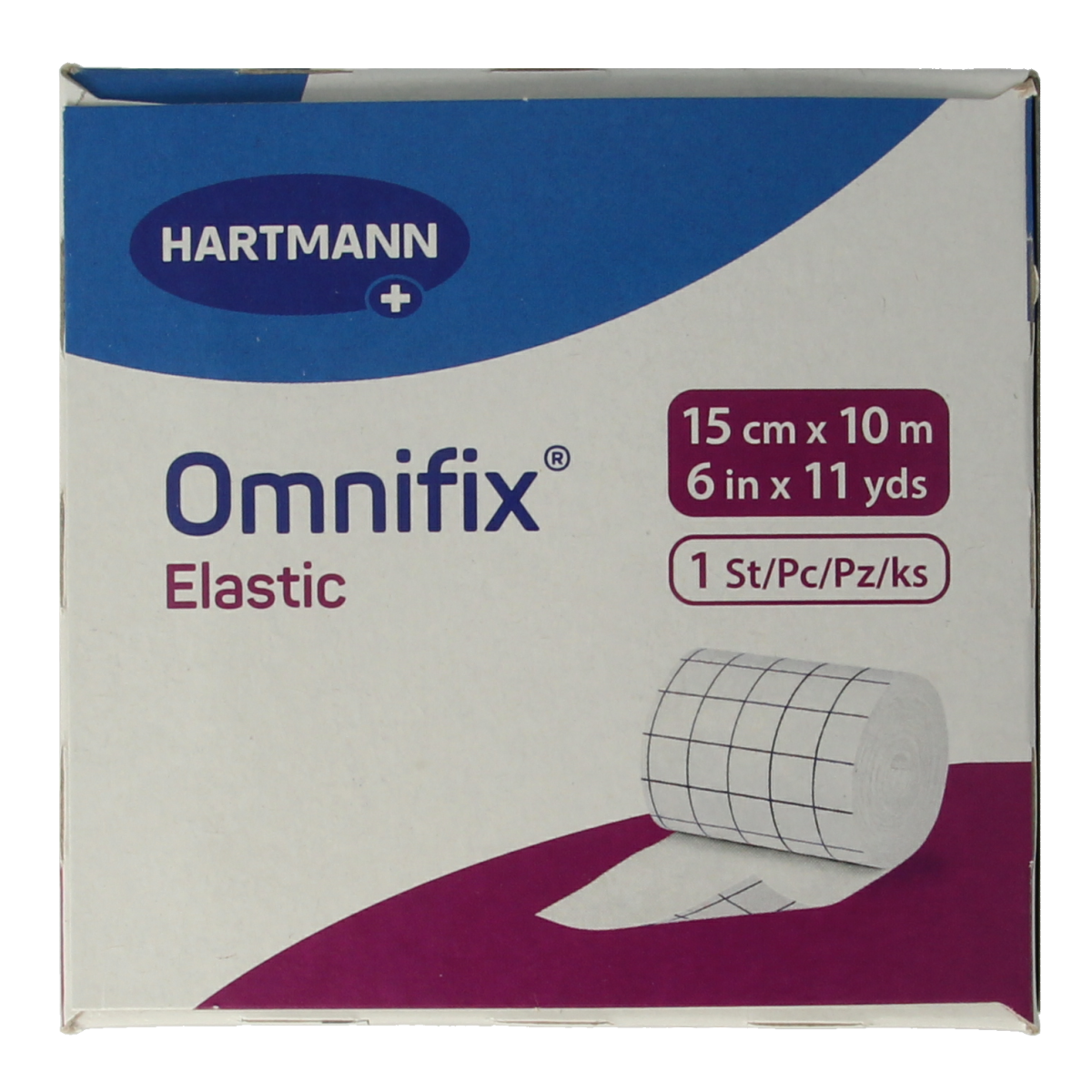 Hartmann Omnifix fixatiepleister 10m x 15cm elastic bandage for secure wound fixation, shown on a medical display.