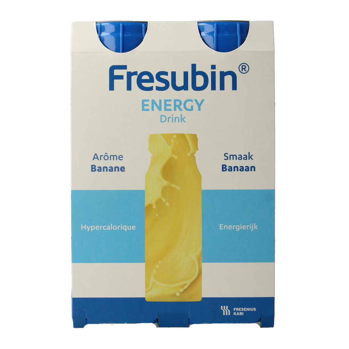 Fresubin Energy banana medical dietary drink, 4-pack, nutritional supplement with banana flavor, designed for medical nutrition.