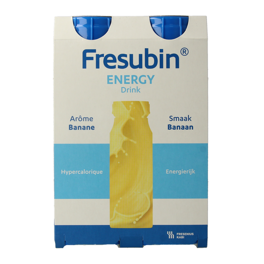 Fresubin Energy banana medical dietary drink, 4-pack, nutritional supplement with banana flavor, designed for medical nutrition.