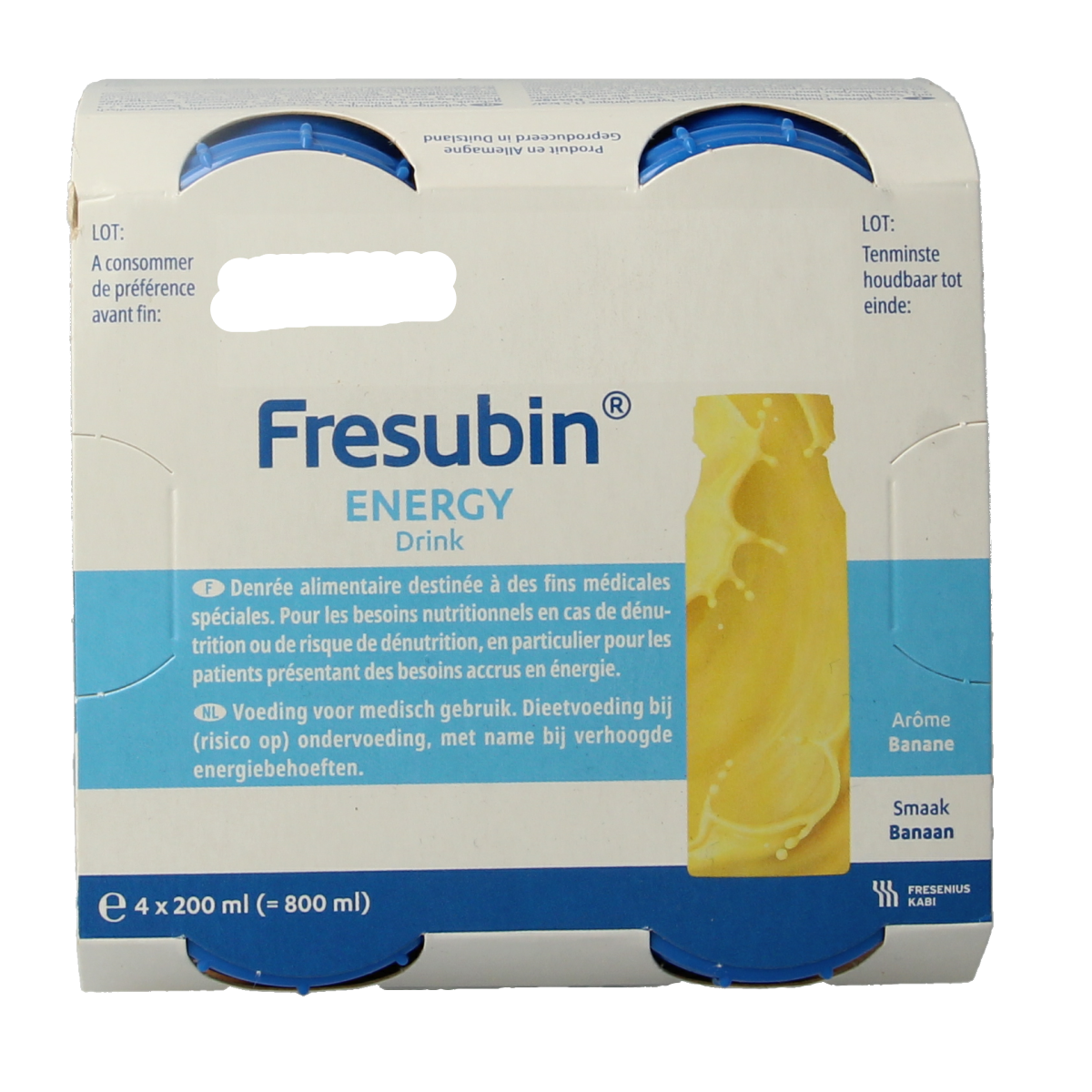Fresubin Energy banana flavored medical dietary drink, 4-pack, nutritional supplement for healthcare.