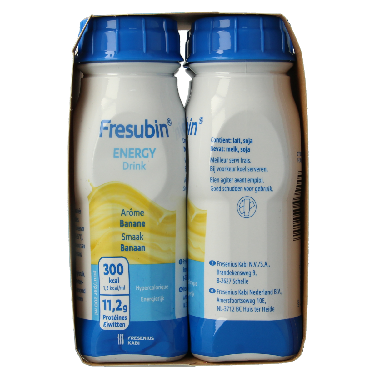 Fresubin Energy banana flavor medical dietary drink, 4-pack, with 4051895035437 barcode visible in the image.