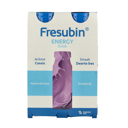 Four 200ml bottles of Fresubin Energy Drink Cassis, medical dietary supplement, with colorful label and packaging.