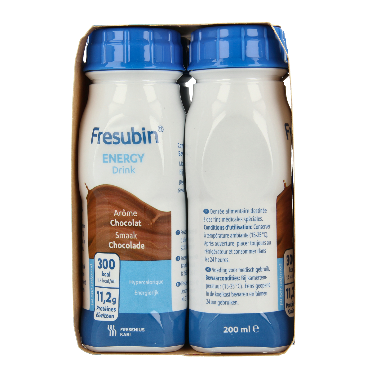 Fresubin Energy chocolate drink 200ml medical diet nutrition, set of 4 bottles with nutritional information on label