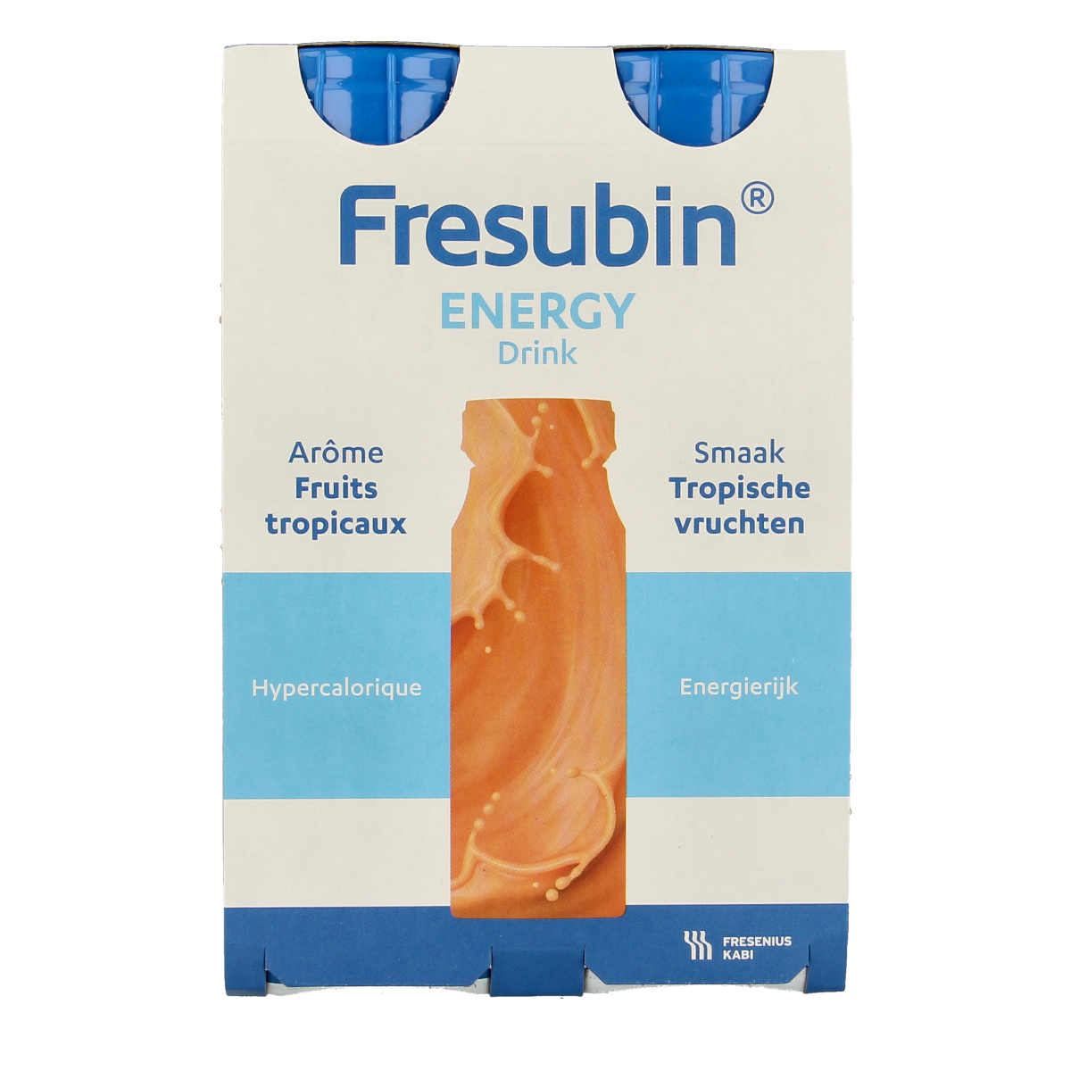 Fresubin Energy tropical fruit drink, 200ml medical diet supplement, four bottles with colorful tropical fruit labels.