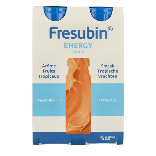 Fresubin Energy tropical fruit drink, 200ml medical diet supplement, four bottles with colorful tropical fruit labels.